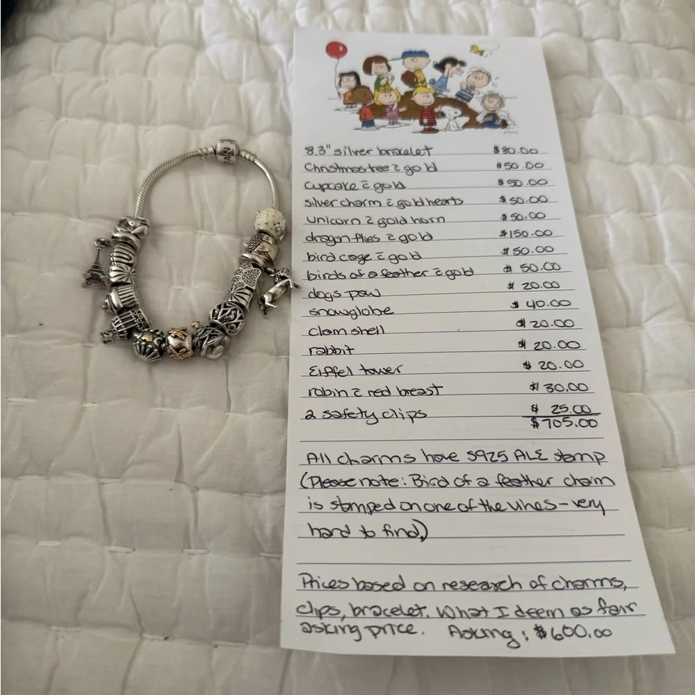 Pandora bracelet with 13 charms and 2 safety clips - Picture 7 of 8